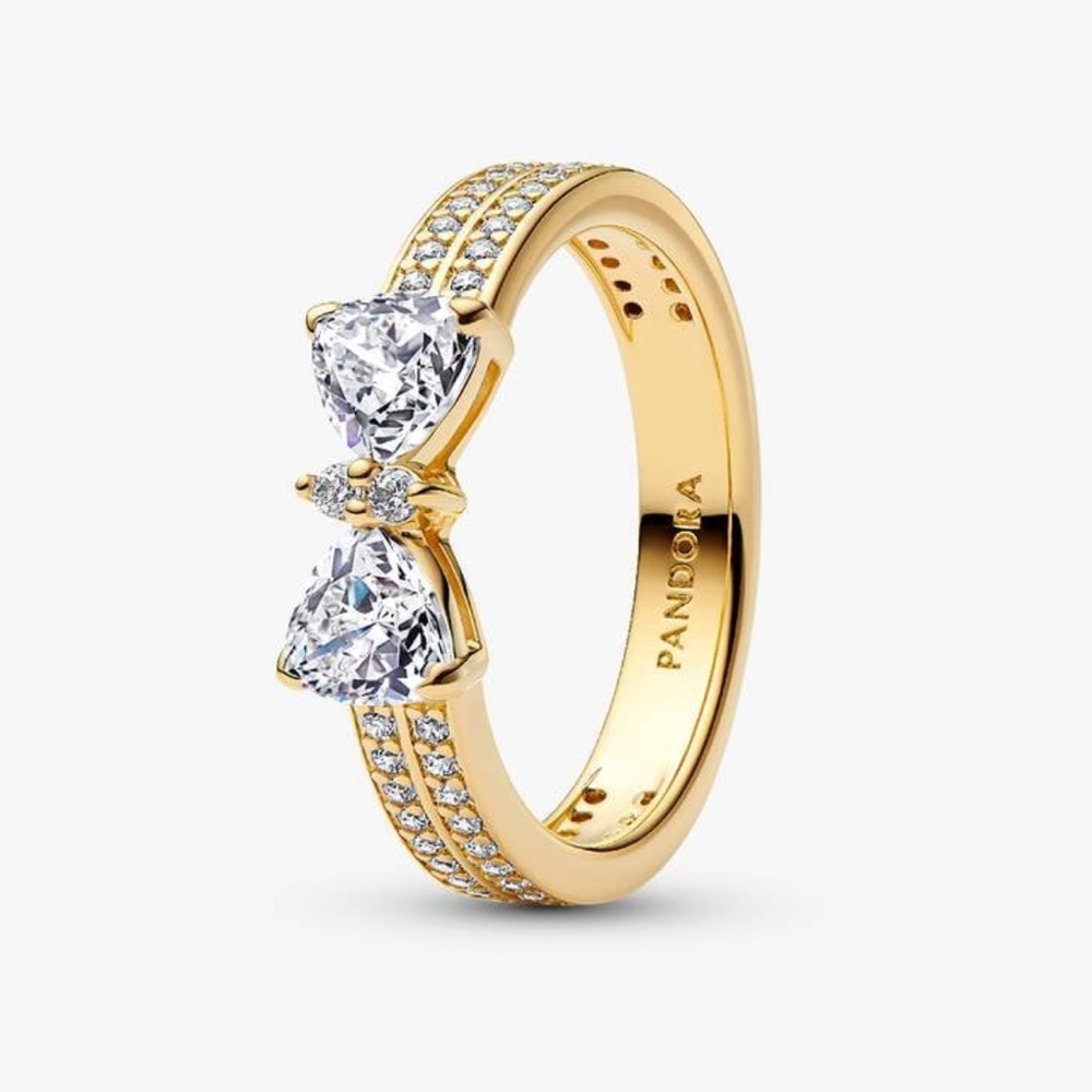 Authentic Pandora Sparkling Bow Double-Row Ring in Gold - Size 7.5 - NWT